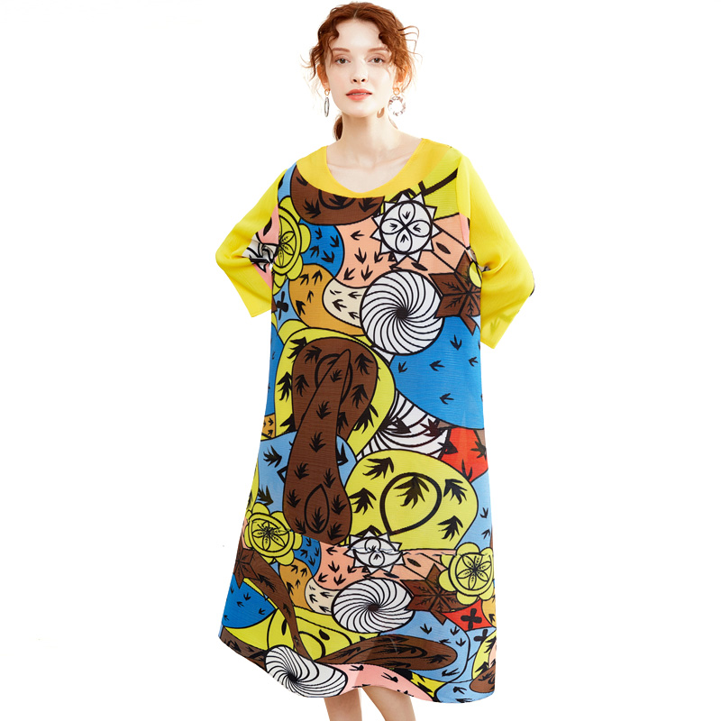 Elegant Temperament Printed Dress Nine-sleeve Women's Clothing